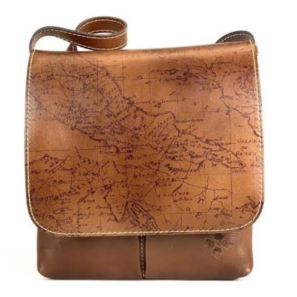 Patricia Nash Signature Map Embossed Print Rust Leather Top Flap Crossbody Bag